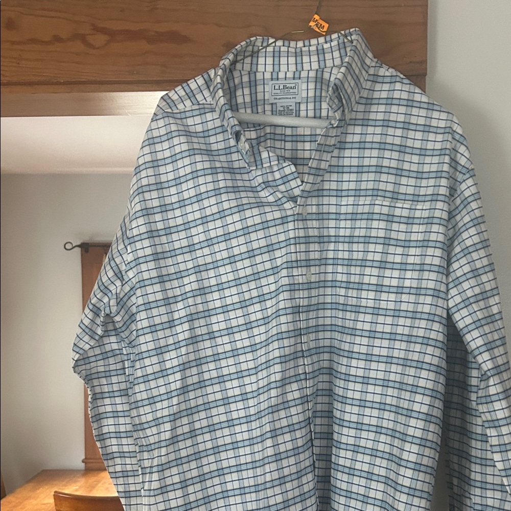 L.L. Bean Men's White and Blue Checkered Shirt